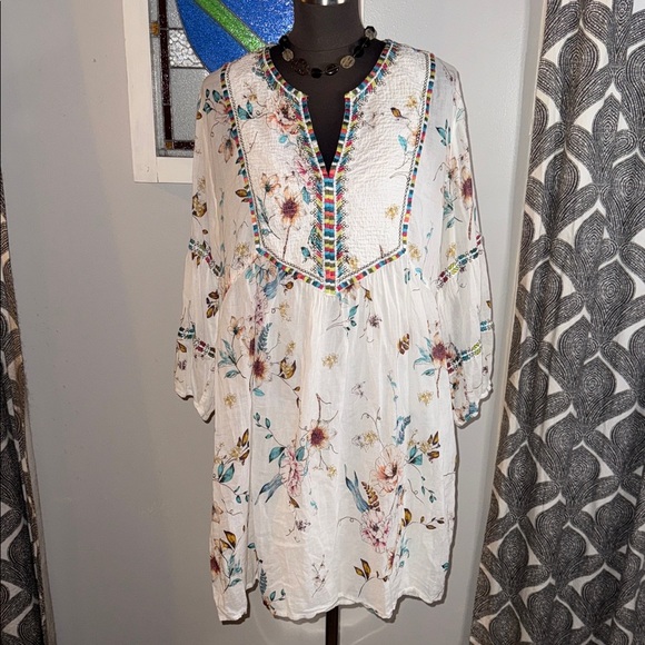 Johnny Was Workshop White Floral Cotton Embroidered Mini Dress SZ Large - Picture 1 of 8
